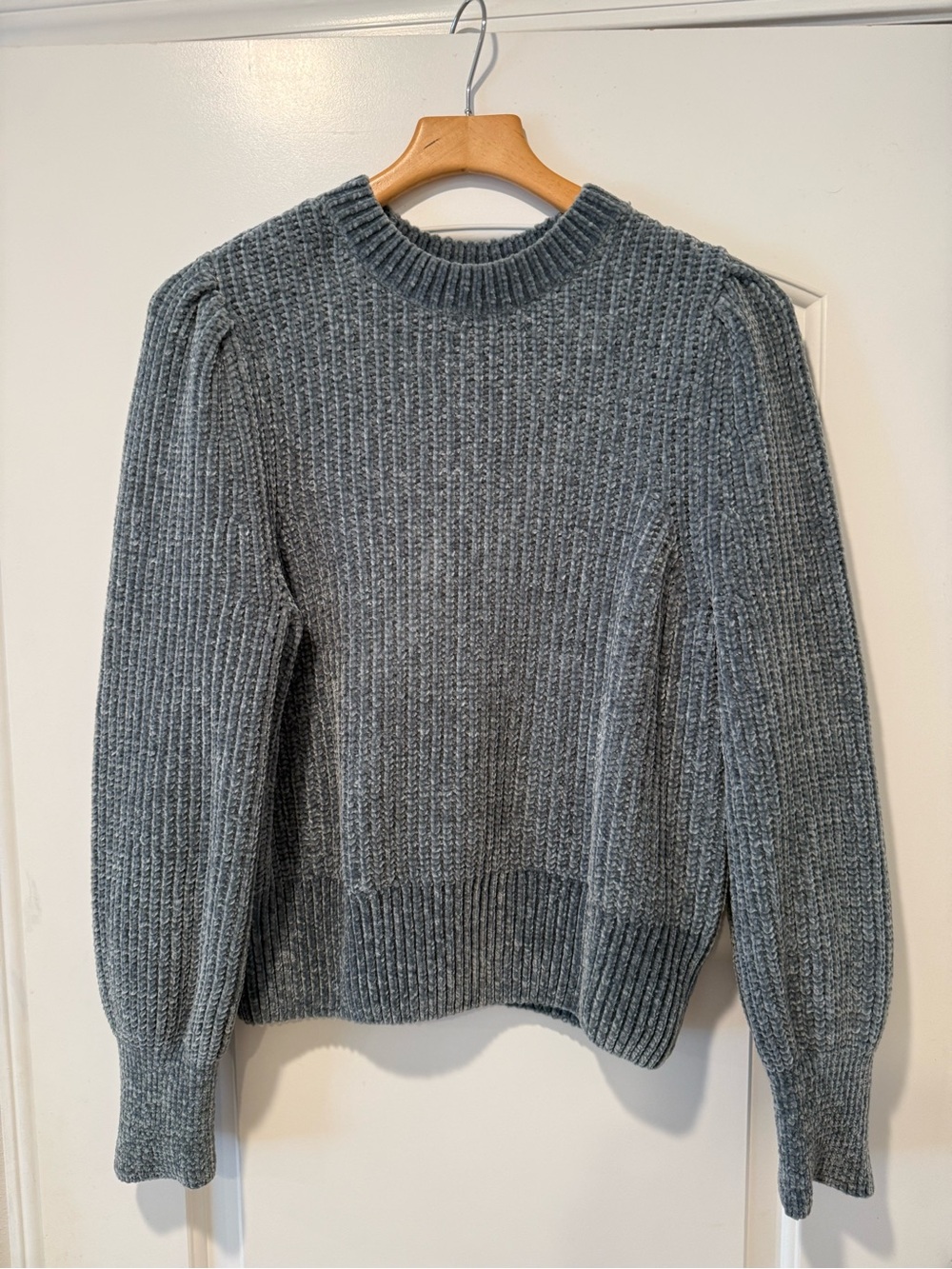 H&M bluegreen Ribbed Puff-Sleeve Crewneck Sweater